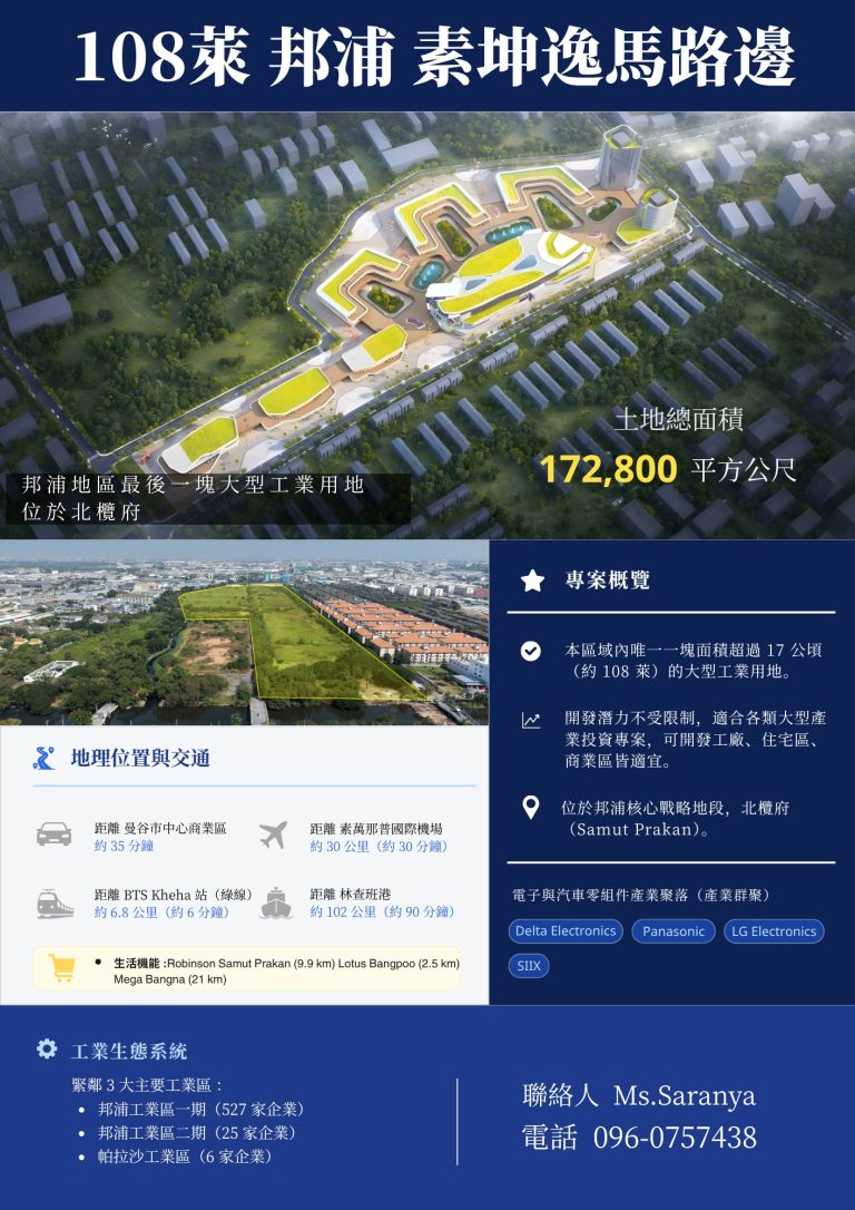 108萊 邦浦素坤逸路邊 可建宿舍的IEAT工業區